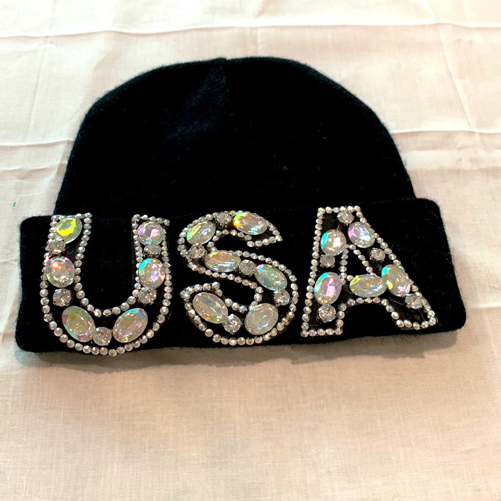 Black Acrylic Bling Beanie with USA Logo on Front Cuff!